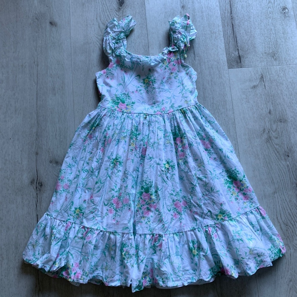 Janie and Jack Girls' White Pink Green Floral Ruffle Sleeve Tiered Sundress Sz 8